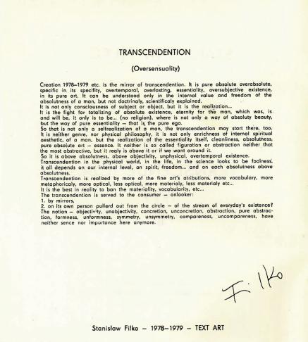 Stanisław Filko, Transcendention (Oversensuality), 1979, Manifesto, in: “Stanisław Filko Transc ...