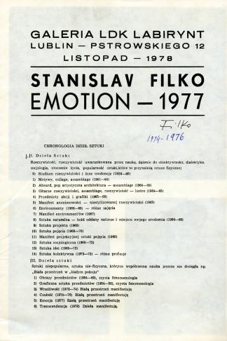 “Stanislav Filko. Emotion – 1977”, Galeria LDK Labirynt, exhibition catalogue (front page), Lub ...